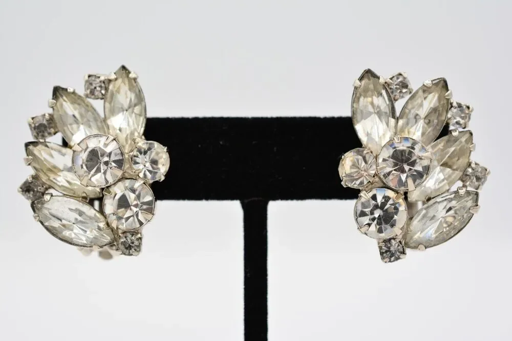 Vintage Crystal Clip Pm Earrings Shiny Rhinestone Marquise Silver 1980s BinAA